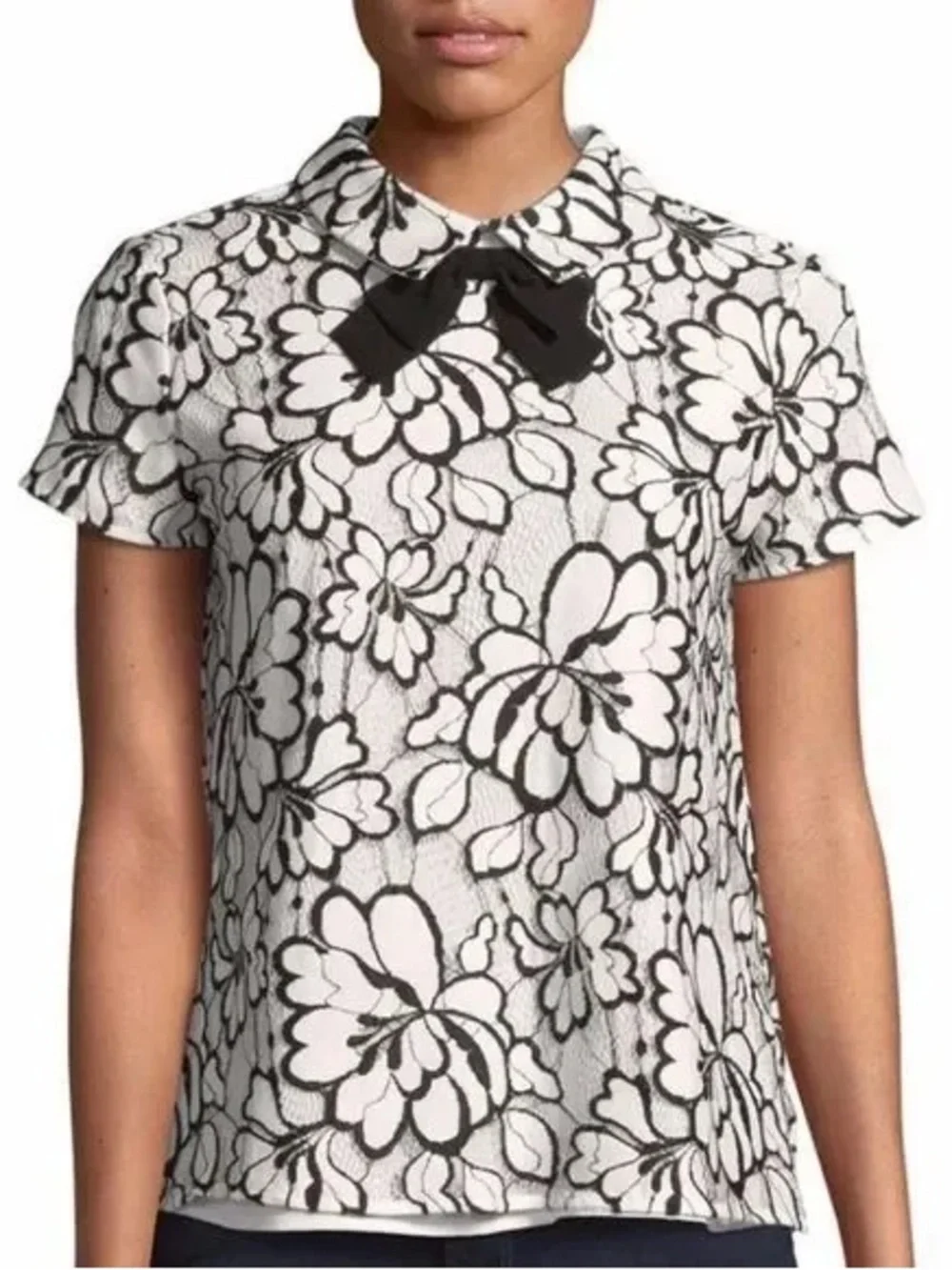 Karl Lagerfeld Paris Floral Lace Bow Collar Blouse Top White Black Size 12 - Picture 2 of 9